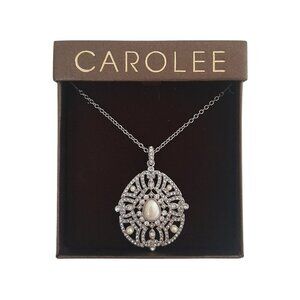 Carolee Silver Vintage Rhinestones Teardrop Pearl Pendant Necklace